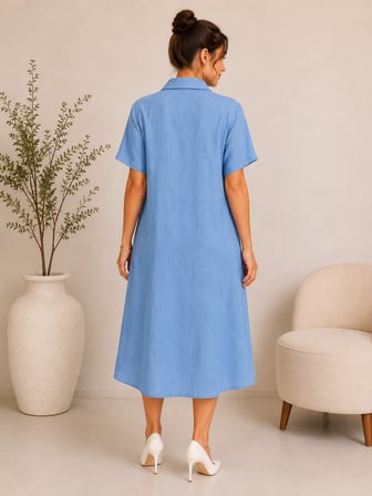 LikapaShop Viskon Karışımlı Büyük Beden Kot Desen Düğmeli Gömlek Yaka Elbise