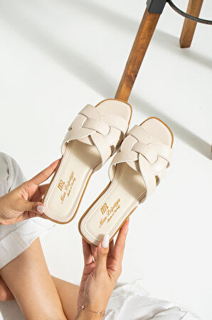 Nara Krem Önü Yanı Açık Kadın Terlik Dış Mekan Ve Ev Terliği