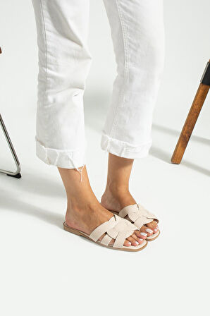 Nara Krem Önü Yanı Açık Kadın Terlik Dış Mekan Ve Ev Terliği