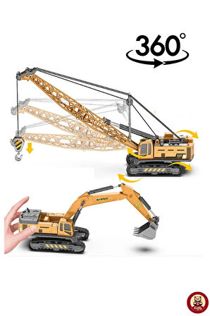 Oyuncak 3'lü İş Makineleri Seti Ekskavatör Kule Vinç Bulldozer ve Kepçe Bir Arada Full Metal Başlık