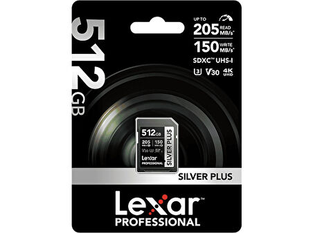 LEXAR 512GB LSDSIPL512G-BNNNG SD Professional Silver Plus SDXC UHS-I Kart Up To 205MB/s Okuma 150MB/s Yazma Hafıza Kartı