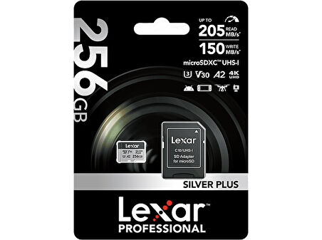 LEXAR 256GB Yüksek Performanslı Silver Plus microSDXC UHS-I 205MB/s Okuma 150MB/s Yazma Hafıza Kartı