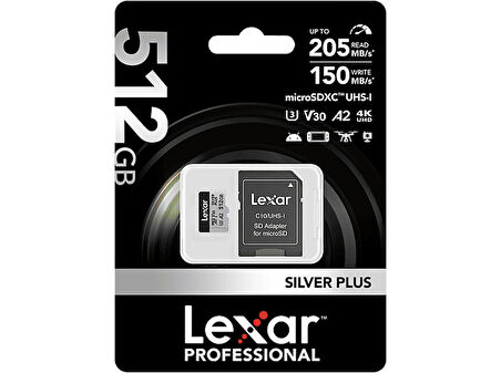 LEXAR 512GB Yüksek Performanslı Silver Plus microSDXC UHS-I up to 205MB/s Okuma 150MB/s Yazma Hafıza Kartı