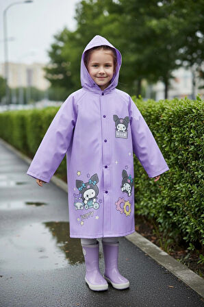 EVA Kumaş Kapüşonlu Desenli Cepsiz Çıtçıtlı Çocuk Yağmurluğu Çanta Koruyuculu Çocuk Yağmurluk