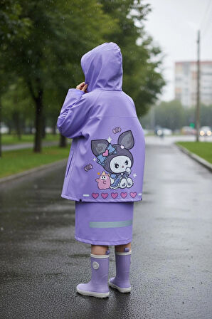 EVA Kumaş Kapüşonlu Desenli Cepsiz Çıtçıtlı Çocuk Yağmurluğu Çanta Koruyuculu Çocuk Yağmurluk