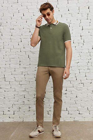 Erkek Haki Slim Fit Dar Kesim %100 Pamuk Kıvrılmaz Polo Yaka Tişört