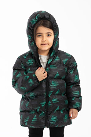 Kız ÇocukDijital Desen Polar Su ve Rüzgar Geçirmez Kapüşonlu Şişme Kışlık Mont