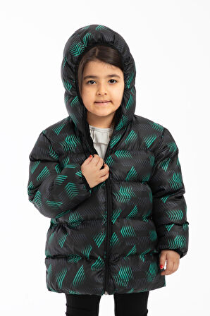 Kız ÇocukDijital Desen Polar Su ve Rüzgar Geçirmez Kapüşonlu Şişme Kışlık Mont