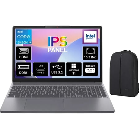 Lenovo Ideapad Slim 3 Intel Core I5 13420H 32GB 512GB SSD Freedos 15.3" Wuxga IPS Taşınabilir Bilgisayar 83K1004ETR + Cimete Çanta