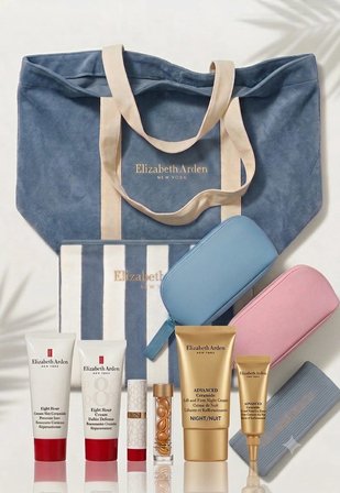 Elizabeth Arden Kadın Kozmetik Kişisel Bakım Plaj & Bakım Kremleri Seti (5'li Set) (Büyük Havlu Kumaş Plaj Çantası + Çizgili Portföy Çanta + Kafa Bandı+Mavi set+Pembe set)