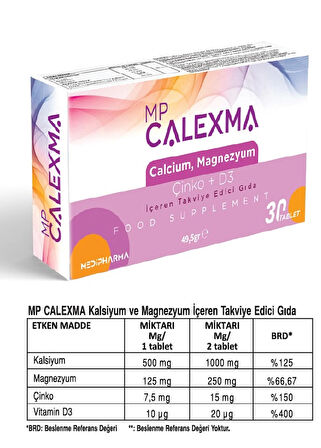 Medipharma Mp Calexma Kalsiyum Magnezyum Çinko+D3 Vitamin Takviye Edici Gıda 30 Tablet