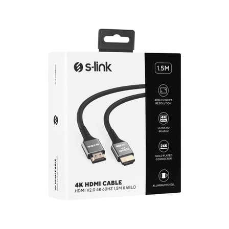 S-LINK SLX-HD4K015, 4K UHD, HDMI v2.0, 1.5mt. 60Hz. Metal Uçlu, Kablo