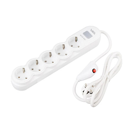 VA-21569 5'li Anahtarlı 1.5 Metre Akım Korumalı Priz Beyaz