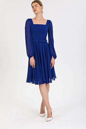 Saks Kare Yaka Şifon Abiye Elbise
