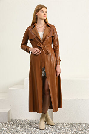 Uzun Taba Deri Trençkot