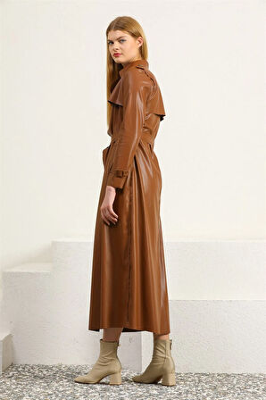 Uzun Taba Deri Trençkot