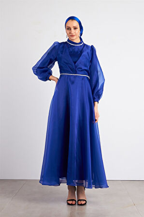 Beli Taşlı Saks Tesettür Abiye Elbise