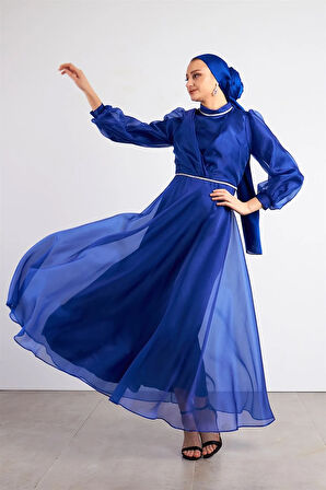 Beli Taşlı Saks Tesettür Abiye Elbise