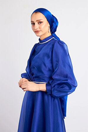 Beli Taşlı Saks Tesettür Abiye Elbise