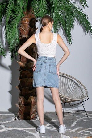 Önü Düğmeli Mavi Kot Etek