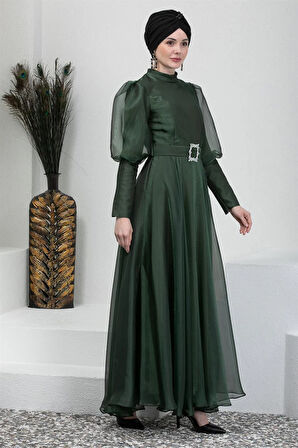Kemerli Haki Tesettür Abiye Elbise