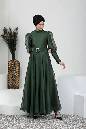 Kemerli Haki Tesettür Abiye Elbise