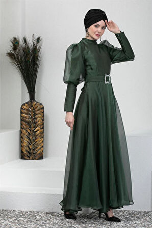 Kemerli Haki Tesettür Abiye Elbise