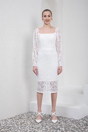 Kare Yaka  Uzun Kollu Dantelli Midi Boy Beyaz Abiye Elbise