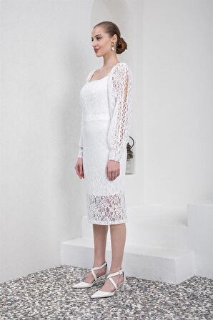 Kare Yaka  Uzun Kollu Dantelli Midi Boy Beyaz Abiye Elbise