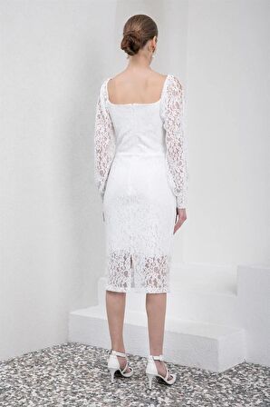 Kare Yaka  Uzun Kollu Dantelli Midi Boy Beyaz Abiye Elbise