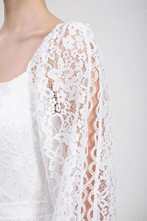 Kare Yaka  Uzun Kollu Dantelli Midi Boy Beyaz Abiye Elbise