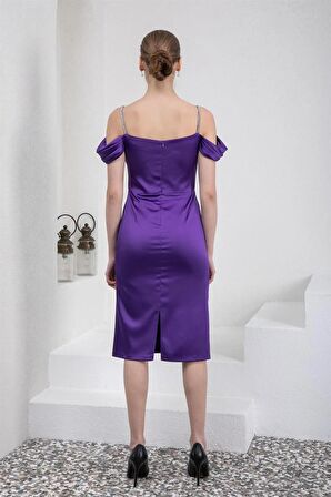 Kayık Yaka Mor Saten Abiye Elbise