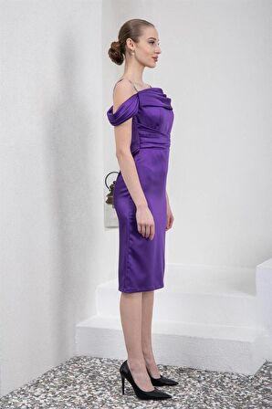 Kayık Yaka Mor Saten Abiye Elbise