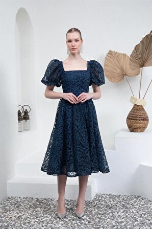 Lacivert Kare Yaka Karpuz Kol Abiye Elbise 