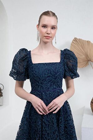 Lacivert Kare Yaka Karpuz Kol Abiye Elbise 