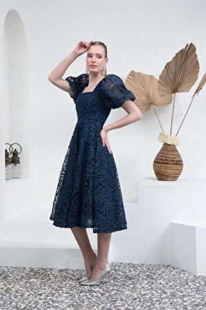 Lacivert Kare Yaka Karpuz Kol Abiye Elbise 