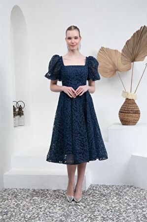 Lacivert Kare Yaka Karpuz Kol Abiye Elbise 