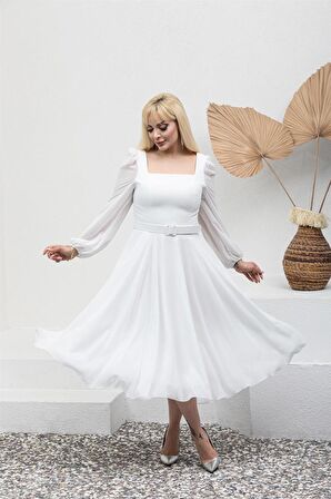 Kare Yaka Büyük Beden Beyaz Abiye Elbise