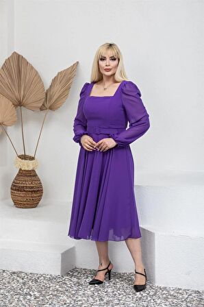 Kare Yaka Büyük Beden Mor Abiye Elbise