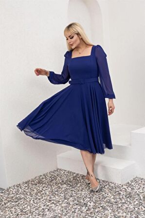 Kare Yaka Büyük Beden Mavi Abiye Elbise 