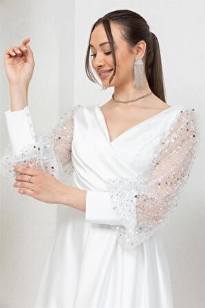 Beyaz Kolu Pullu Midi Abiye Elbise