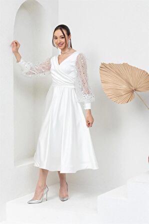 Beyaz Kolu Pullu Midi Abiye Elbise