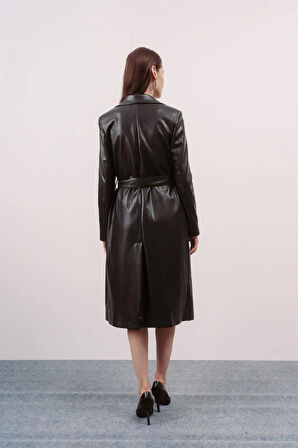 Siyah Kemerli Deri Trençkot