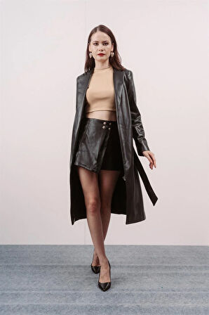 Siyah Kemerli Deri Trençkot