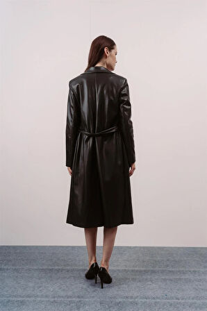 Siyah Kemerli Deri Trençkot