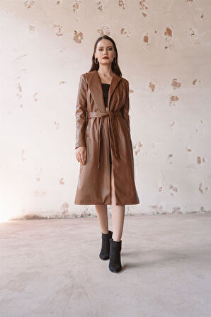 Taba Kemerli Deri Trençkot