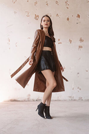 Taba Kemerli Deri Trençkot