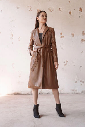 Taba Kemerli Deri Trençkot