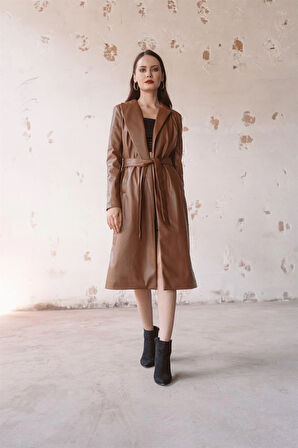 Taba Kemerli Deri Trençkot