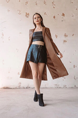 Taba Kemerli Deri Trençkot